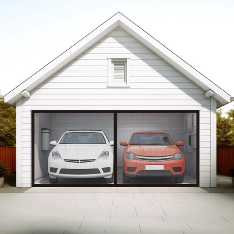 Exterior view of Magnetic Garage Door Screen for 16x7 double car doors, with black mesh curtain installed on a white garage.