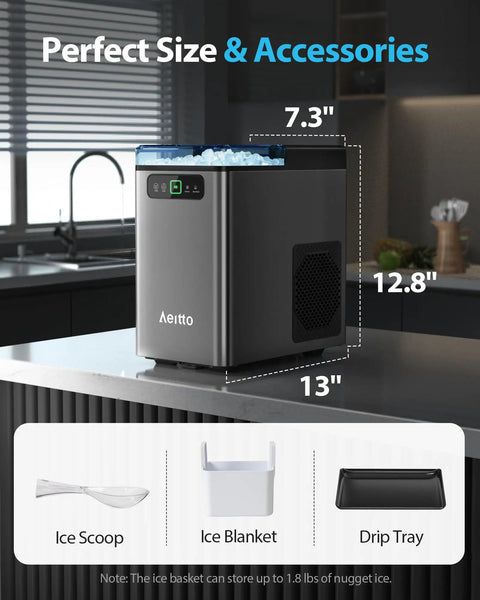 Nugget Ice Maker 40 Lbs Per Day Countertop Ice Machine With One Click Operation Fast 5 Minute Ice Auto Self Cleaning Soft Chewable Pebble Ice Includes Scoop And Basket For Home Office Kitchen Party Grey showing dimensions and accessories on a kitchen counter.