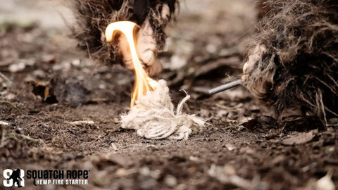 Lighting a 6-Inch Hemp Fire Starter Rope for Campfires and Outdoor Adventures, windproof and waterproof, made in the USA