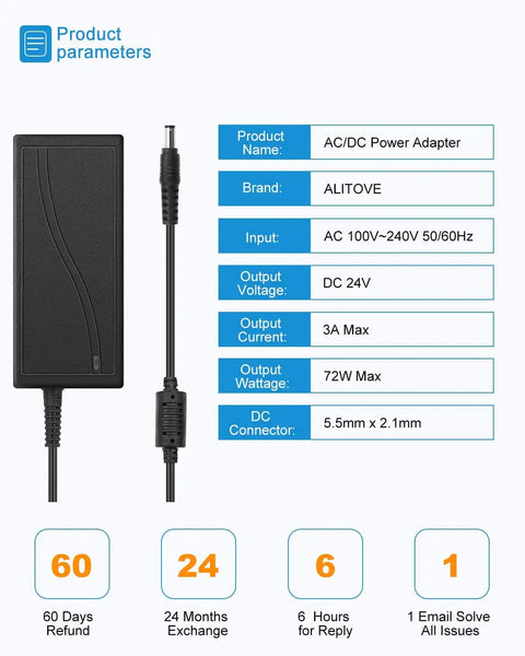 24V 3A 72W AC To DC Power Supply For LED Strips 5050 3528 And CCTV Cameras, 100-240V AC In, 5.5x2.1mm DC Output shown