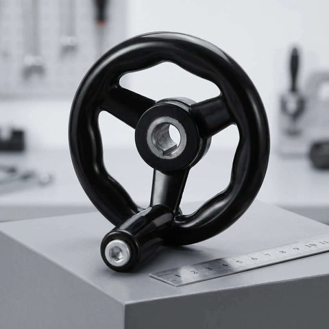 Two Pack Bakelite And Iron Lathe Hand Wheels With Smooth Rotation, non-slip grip, displayed with a ruler for size reference
