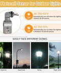 Two Pack No Fuss Photocell Sensor For Outdoor Lights, showing auto on/off features for different lighting scenarios: daytime, daybreak, rainy, high wind.