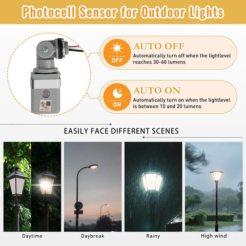 Two Pack No Fuss Photocell Sensor For Outdoor Lights, showing auto on/off features for different lighting scenarios: daytime, daybreak, rainy, high wind.