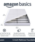Rock Solid Queen Box Spring Bed Base With Low Profile Design, Heavy Duty Steel Mattress Foundation For All Types, Tool Free Assembly And No Sweat Setup, Built Different Support Up To Seven Hundred Pounds, White, showing dimensions and construction.