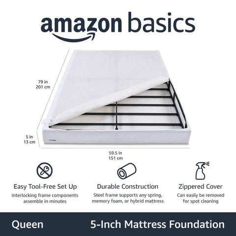 Rock Solid Queen Box Spring Bed Base With Low Profile Design, Heavy Duty Steel Mattress Foundation For All Types, Tool Free Assembly And No Sweat Setup, Built Different Support Up To Seven Hundred Pounds, White, showing dimensions and construction.