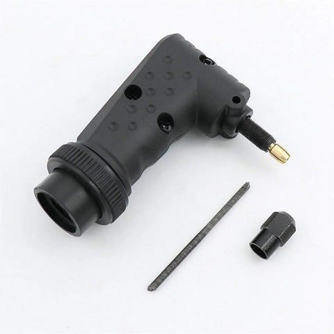 Real Deal Right Angle Adapter For Rotary Tools And Dremel Grinders, compact black tool attachment for precision sanding.