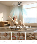Woman in living room enjoying breeze from 28 Inch Gazebo Ceiling Fan With Light For Outdoor Patio Or Porch, Plug In Hanging Ceiling Fan