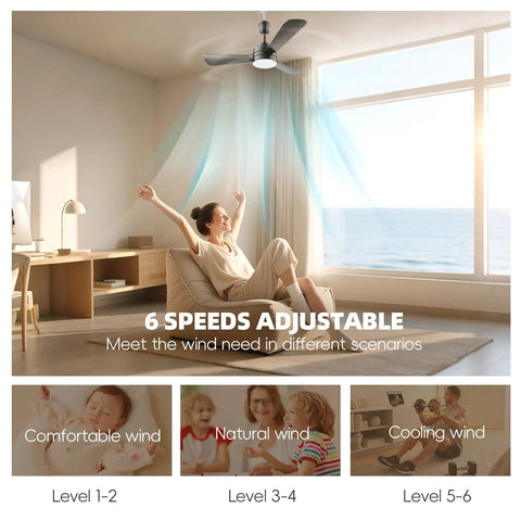 Woman in living room enjoying breeze from 28 Inch Gazebo Ceiling Fan With Light For Outdoor Patio Or Porch, Plug In Hanging Ceiling Fan