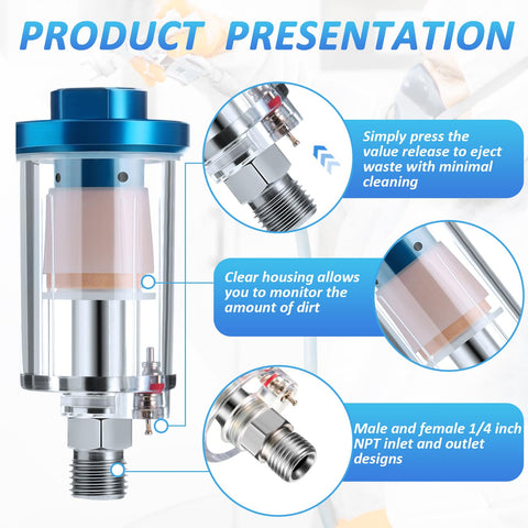 Product presentation of 2 Pack Compressed Air Filter Water Oil Separator 1/4 Inch NPT Inlet And Outlet For Airbrush And Compressor Lines