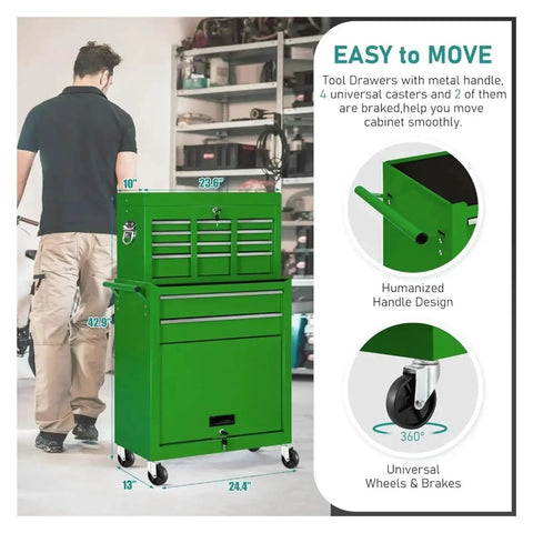 Rolling Tool Chest With 8 Drawers And 2-In-1 Detachable Tool Chests Workhorse Portable Heavy-Duty Steel Cabinet With Lockable Wheels And Smooth Sliding Drawers Ideal For Garage Shop Or Warehouse Organization And Easy Transport, green 8-drawer steel cabinet on casters