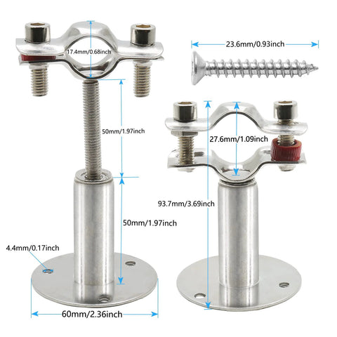 Front view of two stainless steel adjustable pipe ceiling/wall mount brackets with base plates for 19mm pipes.