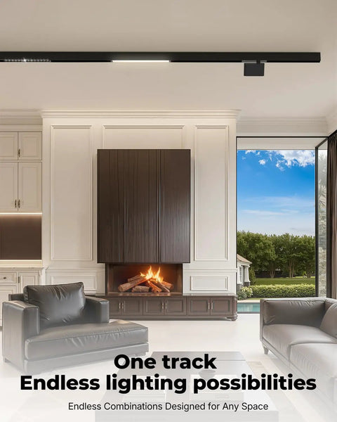 Modern living room with 24V Magnetic Track Heads for recessed ceiling lighting systems above sleek furniture and fireplace.