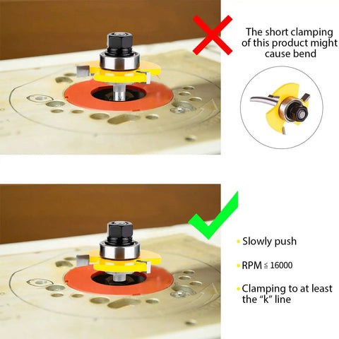 Tongue And Groove Router Bit Set Of Two with One Quarter Inch Shank showing correct clamping and operation guide with anti kickback
