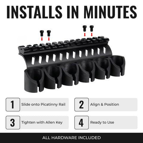 Side Saddle Shell Holder For 500 590 And Shockwave Shotguns 6 Shell Carrier With 13 Slot Aluminum Rail Mount installation guide