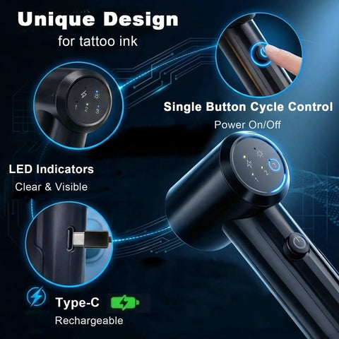 Pro Tattoo Ink Mixer Kit with LED indicators, single button control, and Type-C port for tattoo supplies.