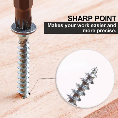 Close-up of Number 8 By 2 Inch Wood Screws Set For Wood And Drywall Phillips Flat Head SelfTapping Screws with sharp tip