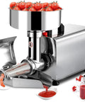 Premium 220 Stainless Steel Commercial Electric Food Strainer and Press Machine for puree with tomatoes on top, heavy-duty design.