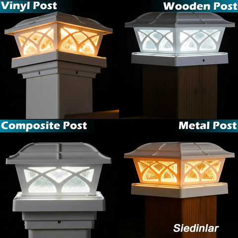 Solar Post Cap Lights Outdoor Glass Eight LEDs Two Color Modes For 4x4 5x5 6x6 Posts Fence Deck Patio Porch Dock Warm White And Cool White Lighting 6 Pack on vinyl, wooden, composite, and metal posts.
