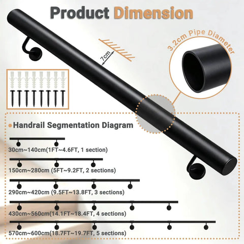Product dimensions of Hella Tough Adjustable Stair Handrail With Custom Cut Industrial Steel Finish Weatherproof Indoor Outdoor Grab Bar.