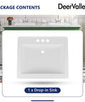 Slick White Ceramic Drop In Bathroom Sink 21 By 18 Inch Rectangle Basin showing three hole faucet setup.