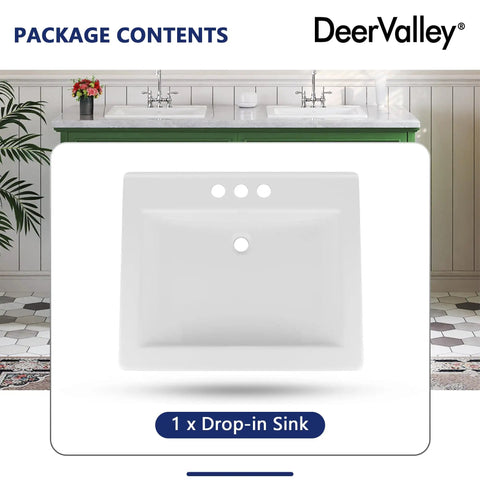 Slick White Ceramic Drop In Bathroom Sink 21 By 18 Inch Rectangle Basin showing three hole faucet setup.