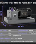 Solid Build Lawn Mower Blade Sharpener With 9 Inch Grinding Disc And 1Hp 750W Motor dimensions showing motor specs for lawn mower blade restoration.