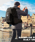 Man wearing Tactical Backpack For Men 40L Water Resistant With Molle System For Hiking Camping And Gym by a waterfront