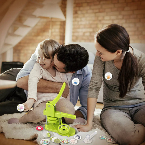 Family enjoying time together using the Chill And Craft With This Legit 58Mm Button Maker Machine for DIY Pin Badge creation.