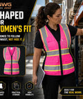 Woman wearing Snug Fit Reflective Safety Vest For Women With Utility Pockets Adjustable Elastic Waist Bright Pink High Vis Construction Gear in a warehouse.