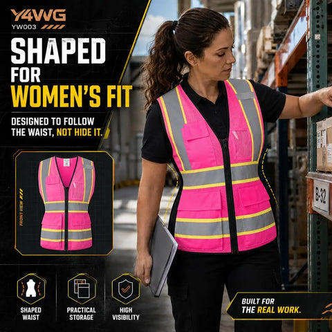Woman wearing Snug Fit Reflective Safety Vest For Women With Utility Pockets Adjustable Elastic Waist Bright Pink High Vis Construction Gear in a warehouse.