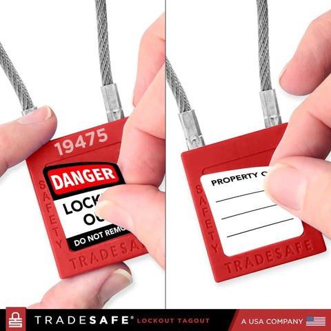 Lockout Tagout Steel Cable Locks With Keys 10 Red Keyed Alike Electrical Lockout Padlock Set With 2 Keys Per Lock Premium Grade LOTO Locks OSHA Compliant showing warning label