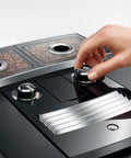 Hella Smooth Super Automatic Bean To Cup Coffee Maker Featuring Integrated Twin Boiler And Sweet Foam Dispenser Setup Plus Huge Angled Touchscreen Panel For A Slick Kitchen Flex On Demand with bean hoppers and control dials.