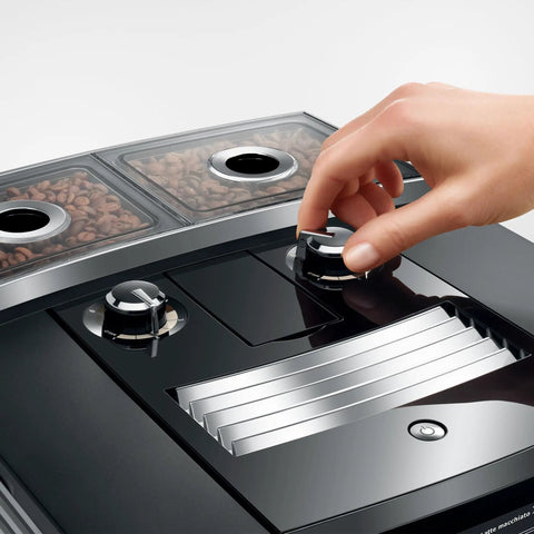 Hella Smooth Super Automatic Bean To Cup Coffee Maker Featuring Integrated Twin Boiler And Sweet Foam Dispenser Setup Plus Huge Angled Touchscreen Panel For A Slick Kitchen Flex On Demand with bean hoppers and control dials.