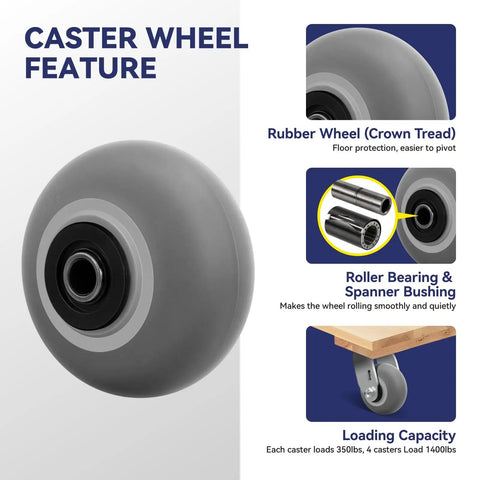 Heavy Duty 4 X 2 Inch Caster Wheels Set Of 2 With 1/2 Inch Bore And 3/4 Roller Bearing Handles 700 Lbs Total Weight Thermoplastic Rubber Crown Tread Straight Up Silent Gliding Workhorse For Shop Carts