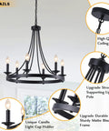 Black Farmhouse Wagon Wheel Chandelier With Six Lights, 24 Inch Rustic Pendant Ceiling Light showcasing detailed matte iron features.