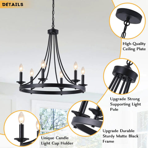 Black Farmhouse Wagon Wheel Chandelier With Six Lights, 24 Inch Rustic Pendant Ceiling Light showcasing detailed matte iron features.