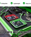 Collapsible Magnetic Parts Tray 4.5 Inch Square Silicone Tool Tray With Double Sided Magnetic Base For Screws Nuts Bolts Pins Car Accessories Purple For Pros And DIYers shown on a workshop bench.