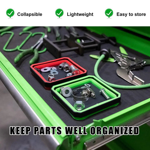 Collapsible Magnetic Parts Tray 4.5 Inch Square Silicone Tool Tray With Double Sided Magnetic Base For Screws Nuts Bolts Pins Car Accessories Purple For Pros And DIYers shown on a workshop bench.