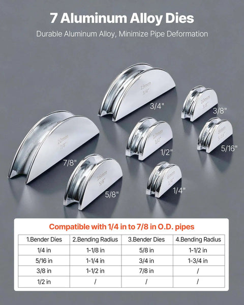 7 aluminum alloy dies for VEVOR Ratcheting Tubing Bender Kit for 1/4 To 7/8 Inch, designed for accurate pipe bends.