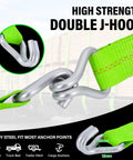 Badass 2 Inch Ratchet Tie Down Straps Heavy Duty Cargo Straps Packed With Double J Hook And 15 Foot Length showing green strap with strong alloy steel double J-hook.