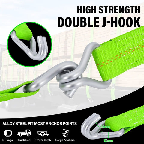 Badass 2 Inch Ratchet Tie Down Straps Heavy Duty Cargo Straps Packed With Double J Hook And 15 Foot Length showing green strap with strong alloy steel double J-hook.