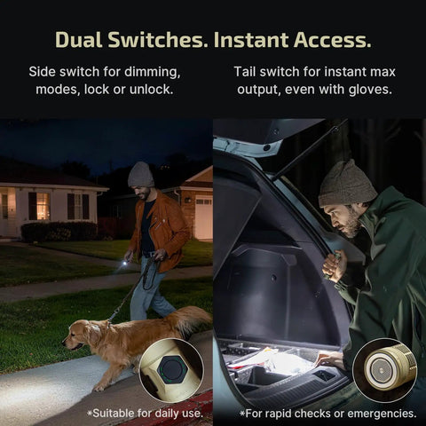 Man using Tiny But Mighty Pocket Light Baton Ultra EDC Flashlight 1800 Lumen Rechargeable with dog and in car