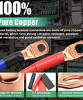 Battery Cable End Lugs 130 Pcs Copper Ring Terminals and Heat Shrink Connectors for AWG 2 4 6 8 10 12 14 16 Gauge Durable High Conductivity Terminal Kit shown with copper lugs, heat shrink tubes, and electrical panel in background.