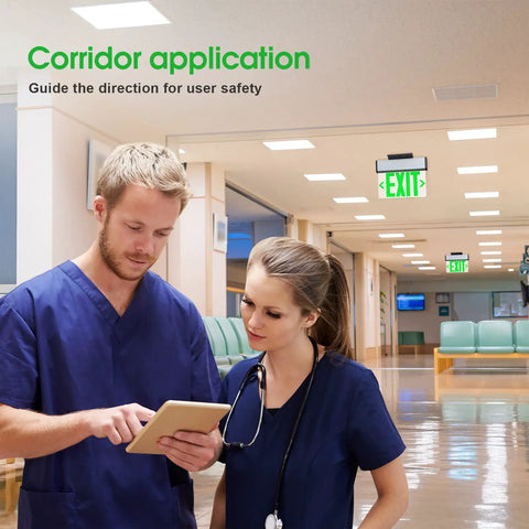 Healthcare professionals under Green LED Edge Lit Exit Sign With Brushed Aluminum Housing UL Listed Emergency Exit Light in corridor