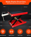 Detailed view of 1100Lb Motorcycle Lift Scissor Jack with Steel Wide Deck showing main parts and structure for bike maintenance.
