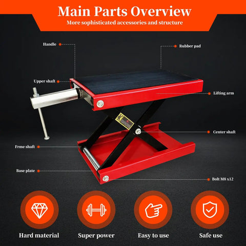 Detailed view of 1100Lb Motorcycle Lift Scissor Jack with Steel Wide Deck showing main parts and structure for bike maintenance.