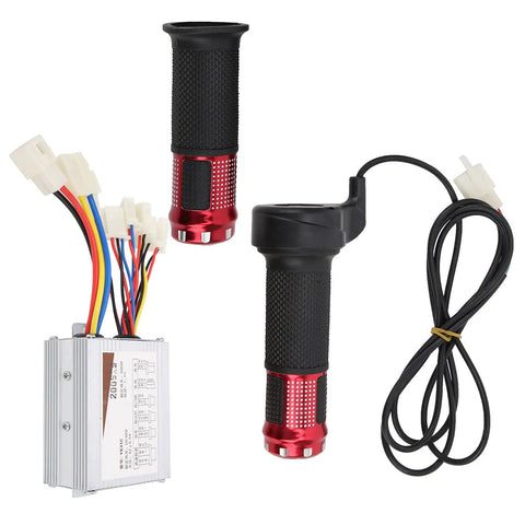 48V 500W Brushed Speed Controller With Throttle Grip For Universal Motors In Electric Vehicles Like E Tricycles Scooters And Mobility Aids With Aluminum Heat Dissipation Shell, controller and throttle grip shown with wiring
