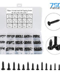Black Carbon Steel Tiny Phillips Pan Head Self Tapping Screws Set 750 Pcs In 15 Sizes for Electronics with clear storage box