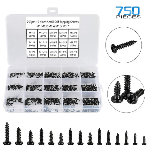 Black Carbon Steel Tiny Phillips Pan Head Self Tapping Screws Set 750 Pcs In 15 Sizes for Electronics with clear storage box