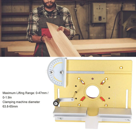 No Sweat Router Lift Base Kit With Precision Table Insert Plate mounted with adjustable height feature for woodworking.